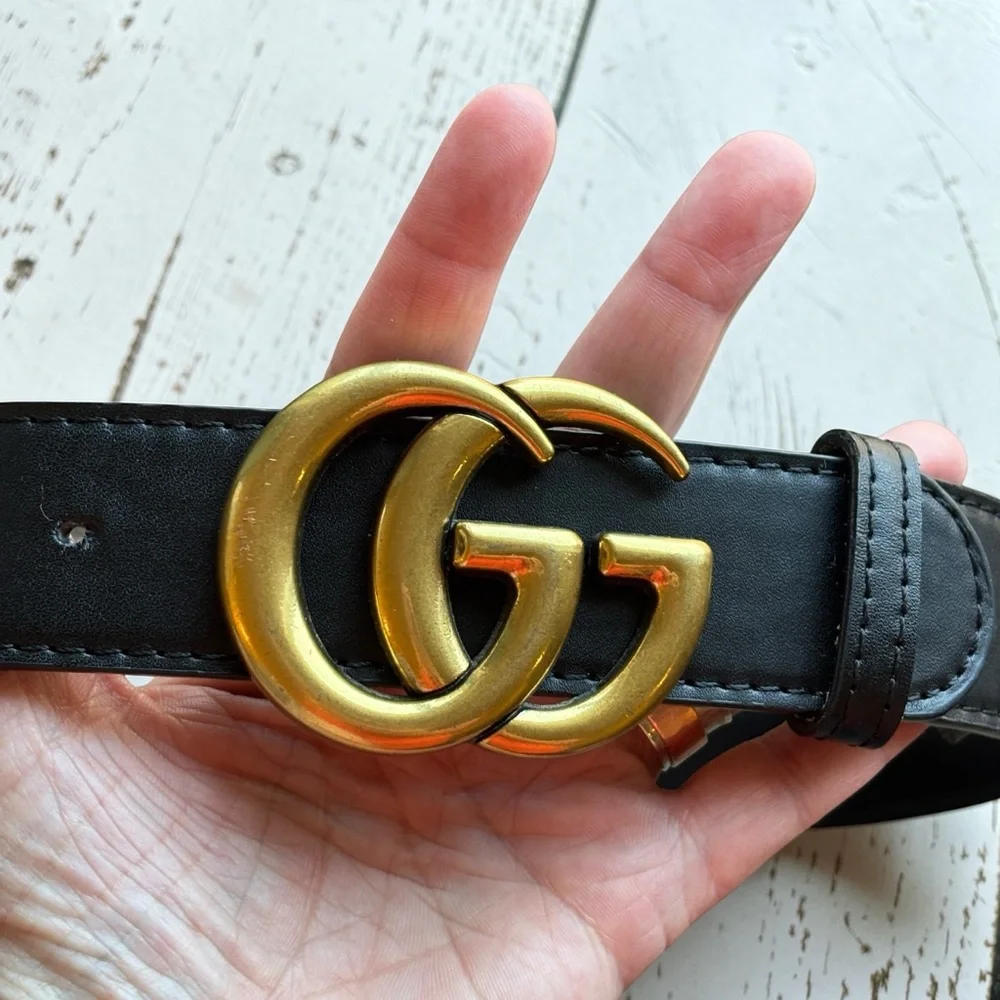 Vintage Gucci GG Logo Belt Black Leather Gold Buckle Size 95/38 Italy - Picture 3 of 15